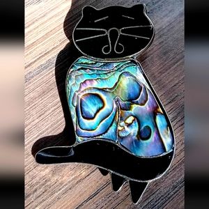 Vintage Alpaca Mexico Silver Black Abalone Inlay/Shell Cat Pin Brooch - 2"